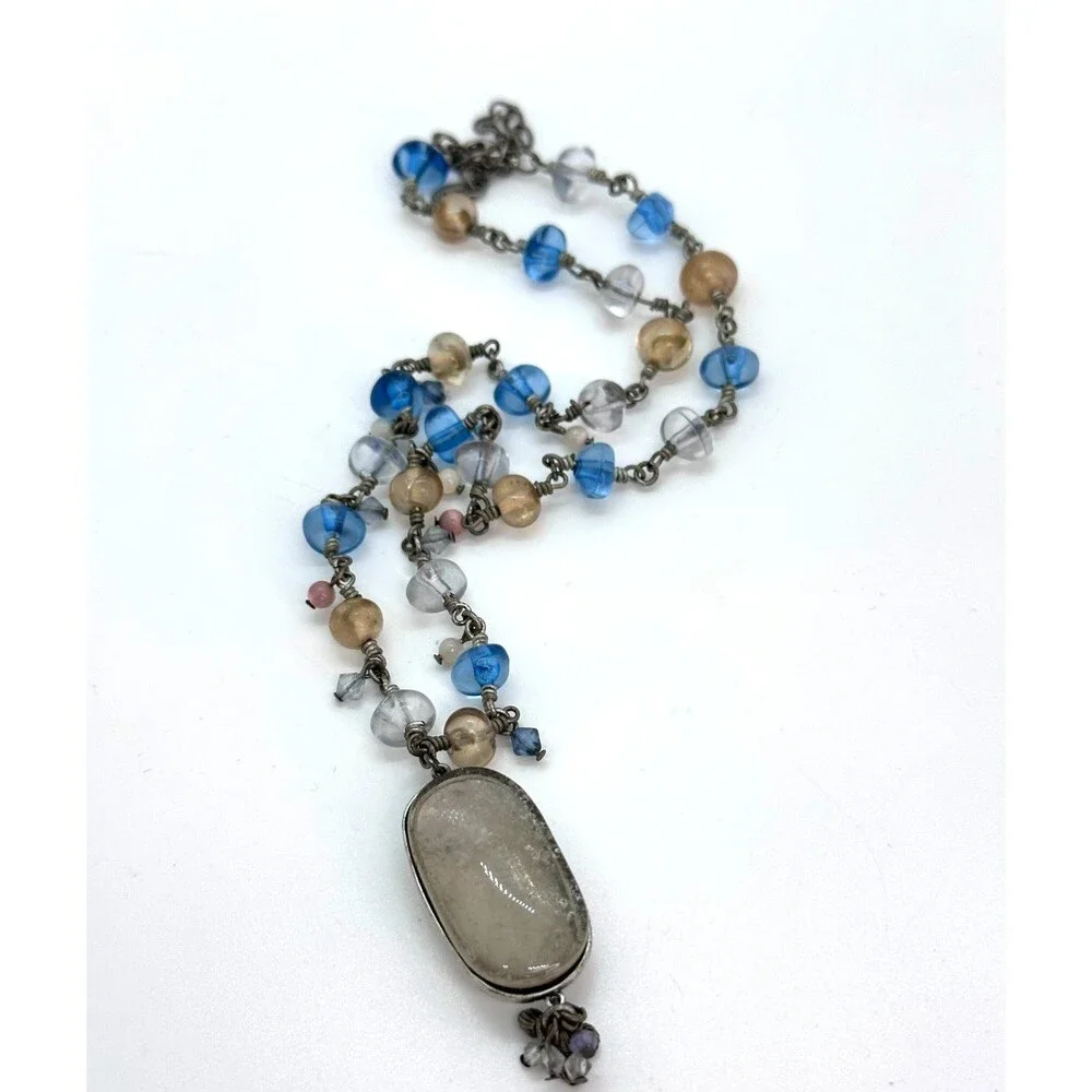 Vintage Monet Quartz Pendant Pastel Beaded Necklace Blue Peach